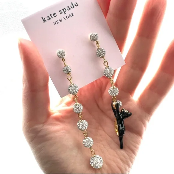 RARE Kate Spade House Black Cat Pavé Linear Earrings Gold - Picture 5 of 10